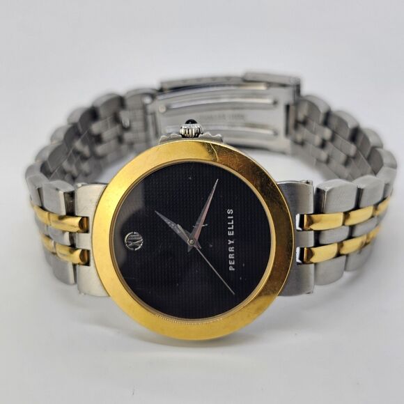 Perry Ellis Men’s Watch 36MM Black Dial Gold Gray Bracelet 8" New Battery - Picture 1 of 13